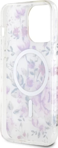 Mbështjellës Guess GUHMP14LHCFWST për iPhone 14 Pro 6.1", transparent, Flower MagSafe