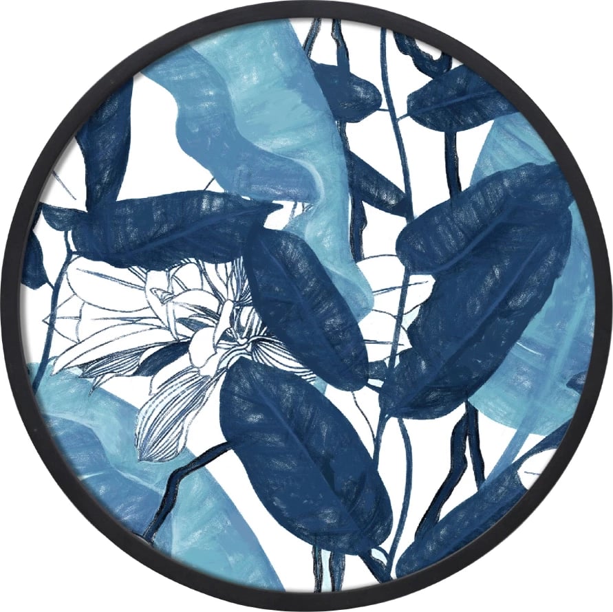 Pikturë dekorative e rrumbullakët, kanavacë, ngjyrë kaltër, e bardhë, kornizë e zezë, 60x60x4cm