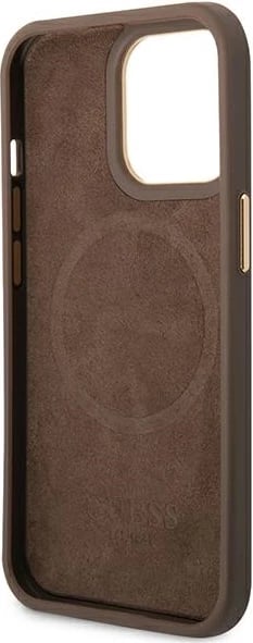 Mbështjellës Guess GUHMP14LU4GPRW për iPhone 14 Pro 6.1", 4G Logo Plate MagSafe, Kafe