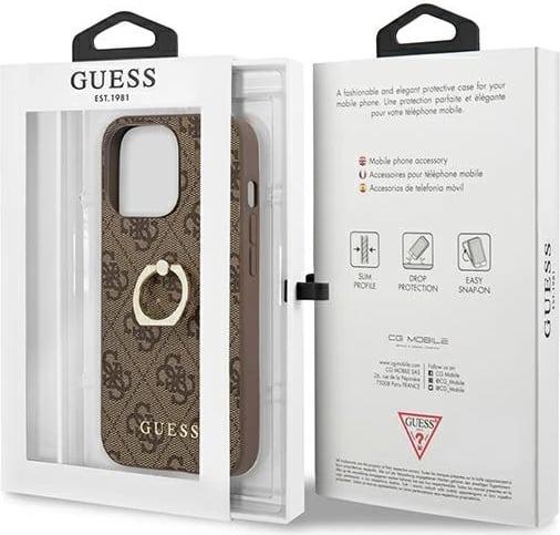 Mbështjellës Guess GUHCP13L4GMRBR për iPhone 13 Pro/13 6.1", me unazë, kafe