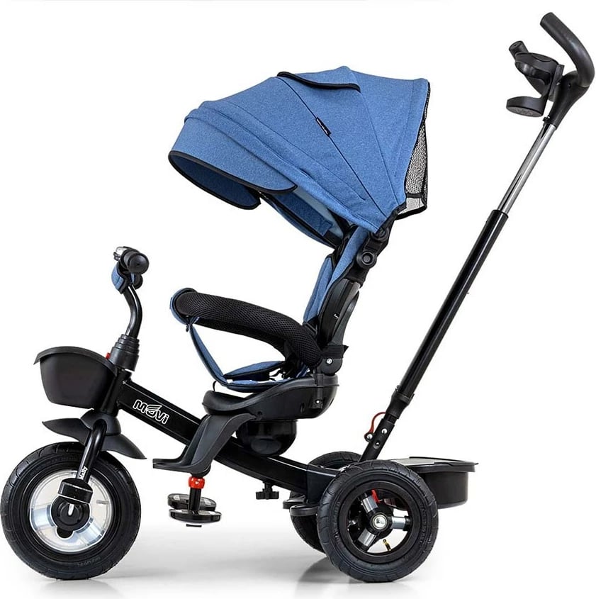 Tricikël me dorezë shtytëse, Milly Mally Movi, sedilje 360°, rrota të fryra, rripa 3‑pikësh, blu