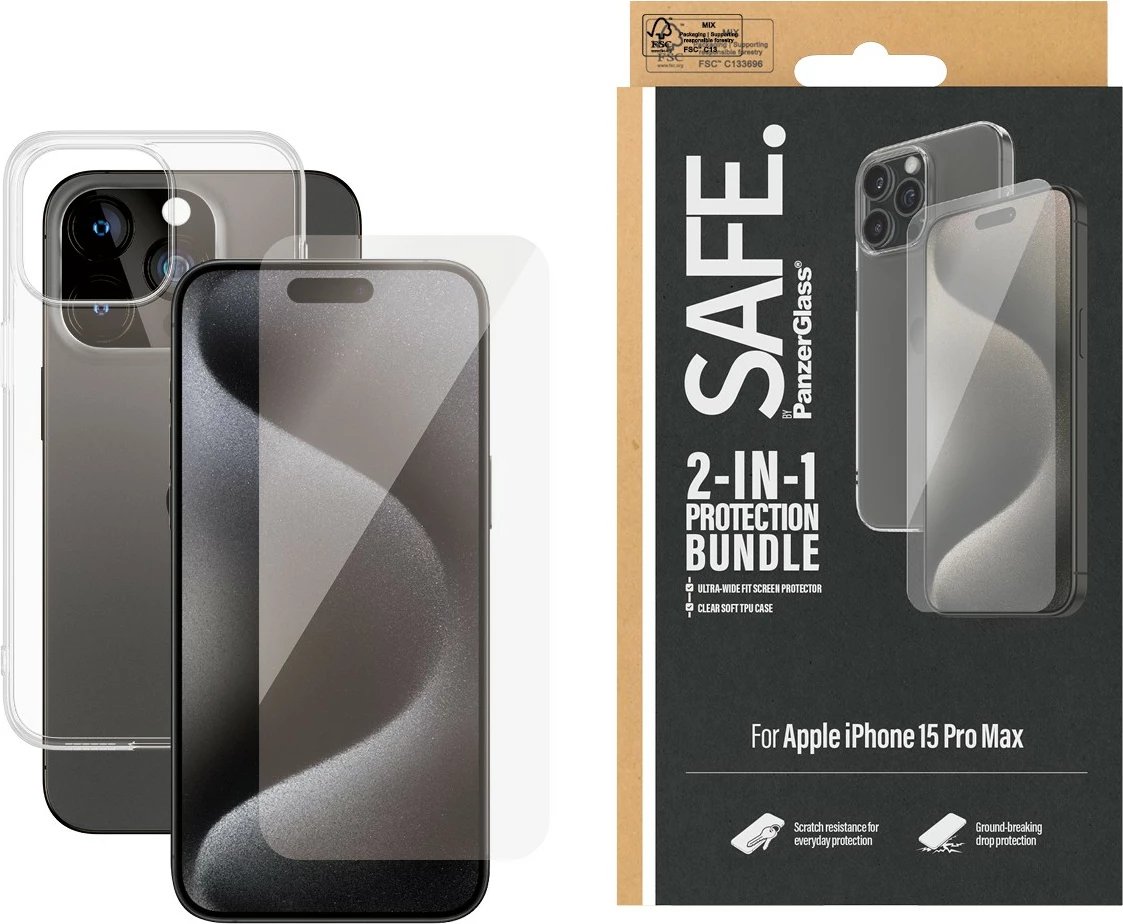 Mbrojtës ekrani PanzerGlass SAFE. 2-in-1-Pack për iPhone 15 Pro Max, transparent