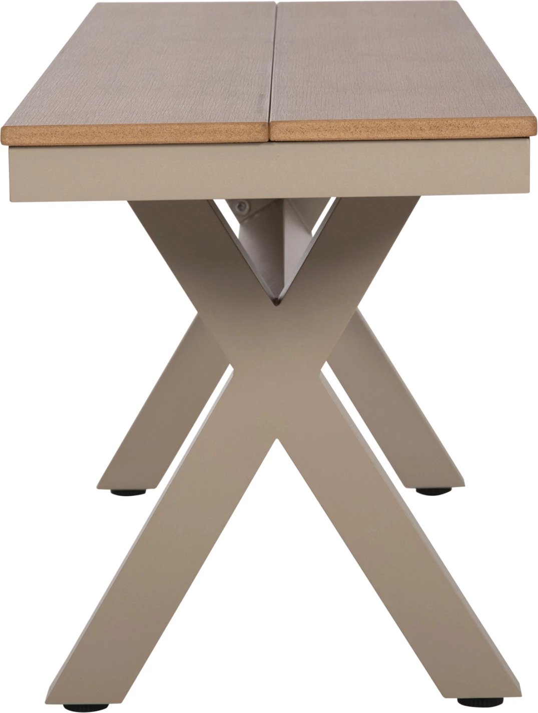 Stol alumini, ngjyrë shampanjë, sipërfaqe tavoline polivudi, ngjyrë druri natyral, 150x36x45H cm