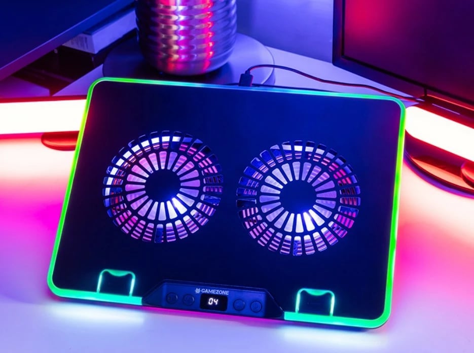 Bazë ftohëse laptopi, Tracer, GameZone Snowman PRO TRASTA47590, për 17.3 inch, 2 ventilatorë 90 mm 1350 RPM, 6 nivele rregullimi, ekran shpejtësie, RGB, 2x USB, e zezë