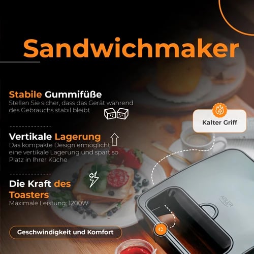 Aparat për sanduiçe Adler AD 3079, 750 W, pllaka jo-ngjitëse me formë guaske, 2 drita treguese, ruajtje vertikale, kabllo 70 cm, e zezë