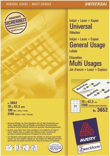 Etiketa vetëngjitëse, Avery Zweckform 3652, A4, 70 x 42.3 mm, 100 fletë / 2100 etiketa, e bardhë