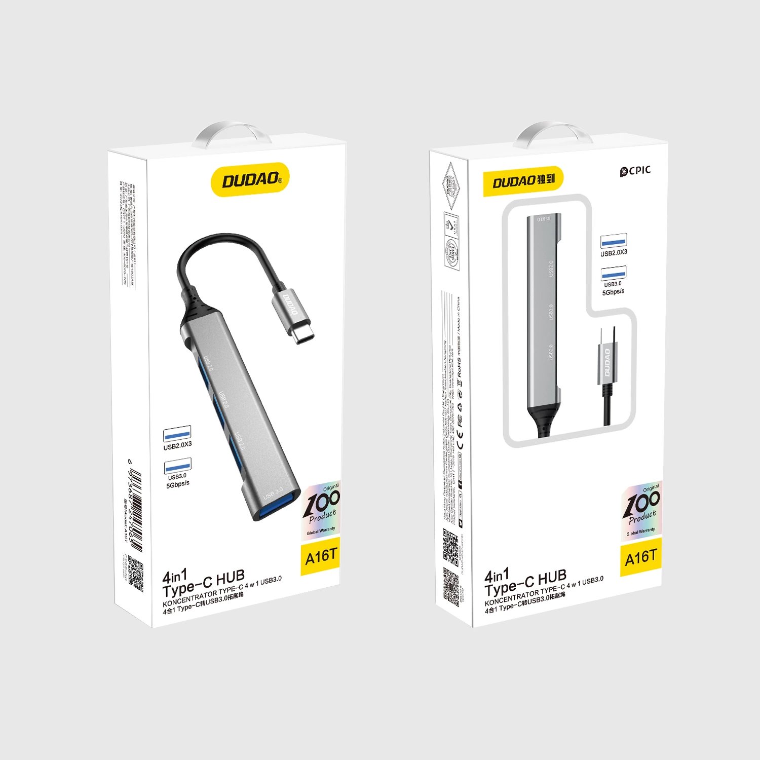 HUB Dudao A16T, 4x USB-A (3x USB2.0, 1x USB3.0), USB-C, 6.3cm, zi