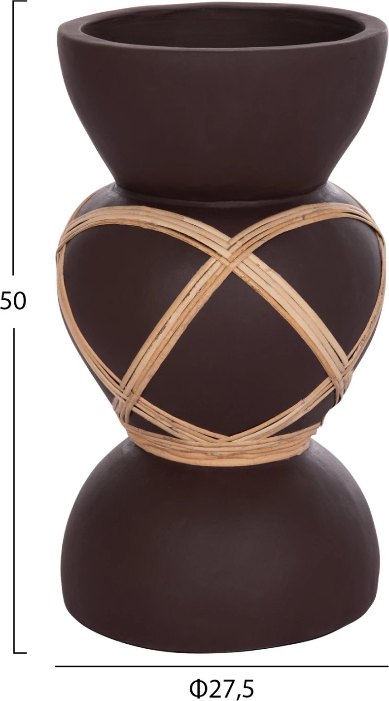 Vazo dekorative dyshemeje MAYNARD, çimento fiber, ngjyrë çokollate, ratan natyral, Φ27.5x50cm