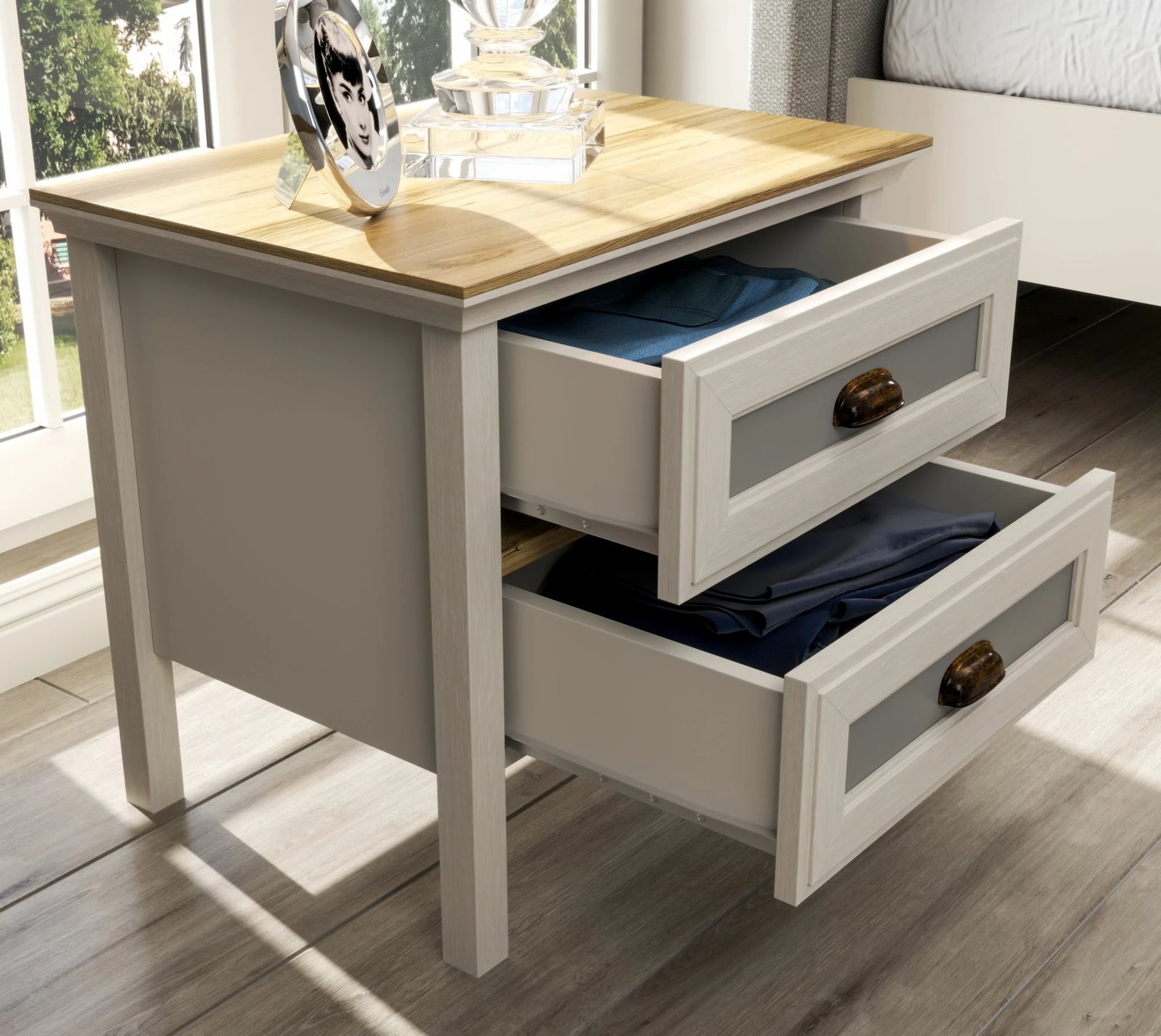 Komodinë anës krevati Skye Decor, krem, lis, gri, FRN-21016