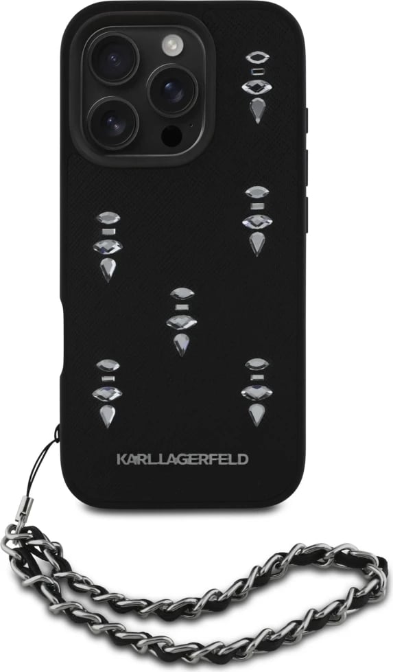 Mbështjellës Karl Lagerfeld Saffiano Crystals me zinxhir, për iPhone 16 Pro, i zi