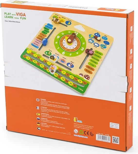 kalendar druri edukativ, Viga, orë analoge dhe mësim i muajve, ditëve, stinëve e motit, 300x300 mm, multicolor