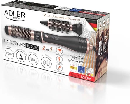 Stilues flokësh 2‑në‑1, Adler AD 2026, 1200W, 2 temperatura, goditje e ftohtë, 2 koka rrotulluese (21mm, 38mm), kabllo 1.8m, prizë C, e zezë/rozë e artë