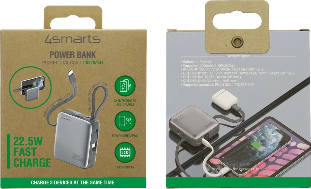 Powerbank 4smarts Pocket Dual Cord 10000mAh 22.5W spacegrau
