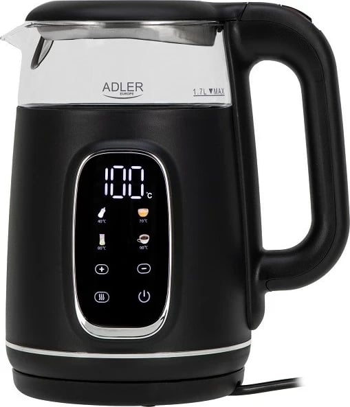Ibrik elektrik Adler AD 1305bs, 1.7L, me ekran LED, i zi/argjendtë