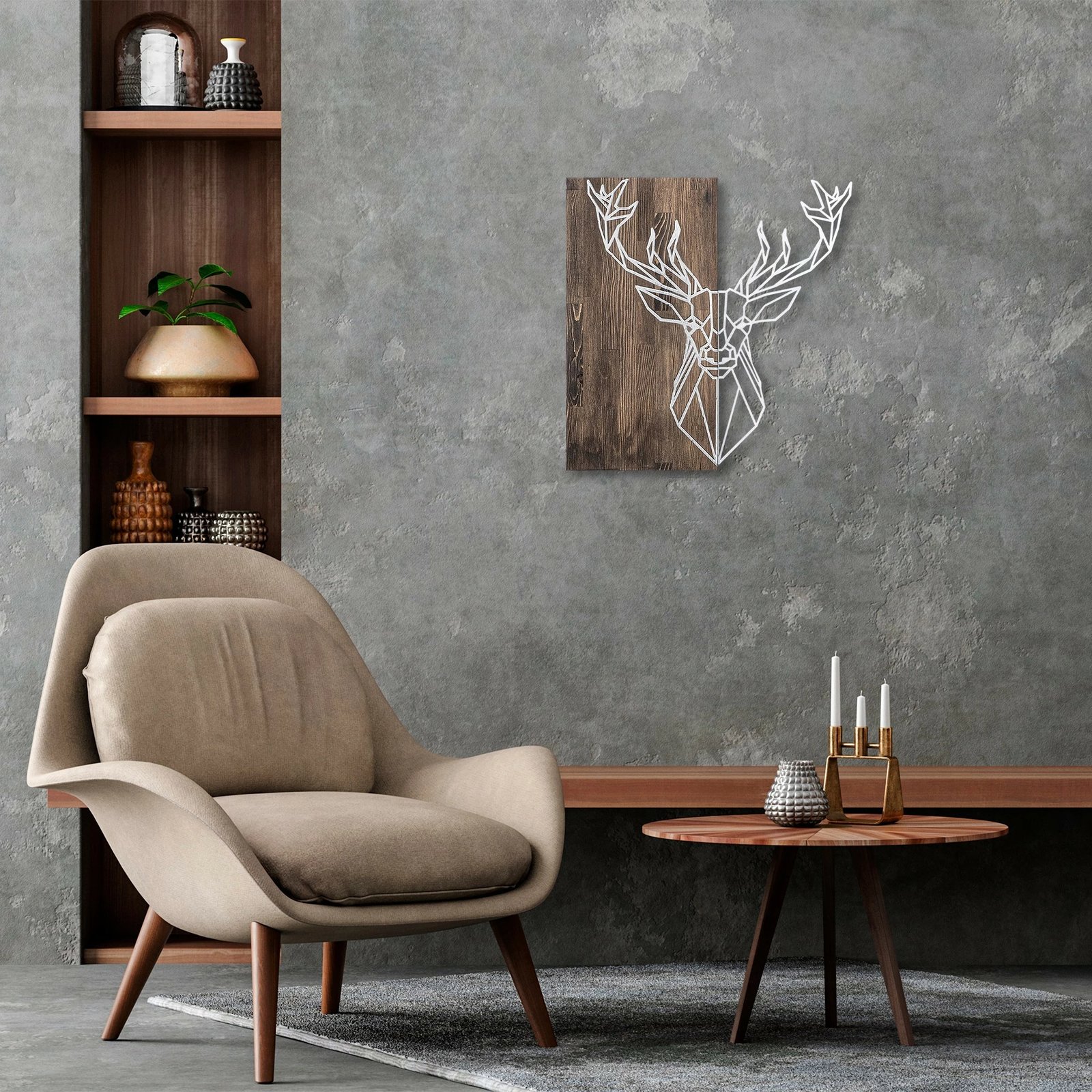 Aksesor dekorativ muri prej druri, Wallity, Deer1, ngjyrë arre dhe argjendi, 56x58cm