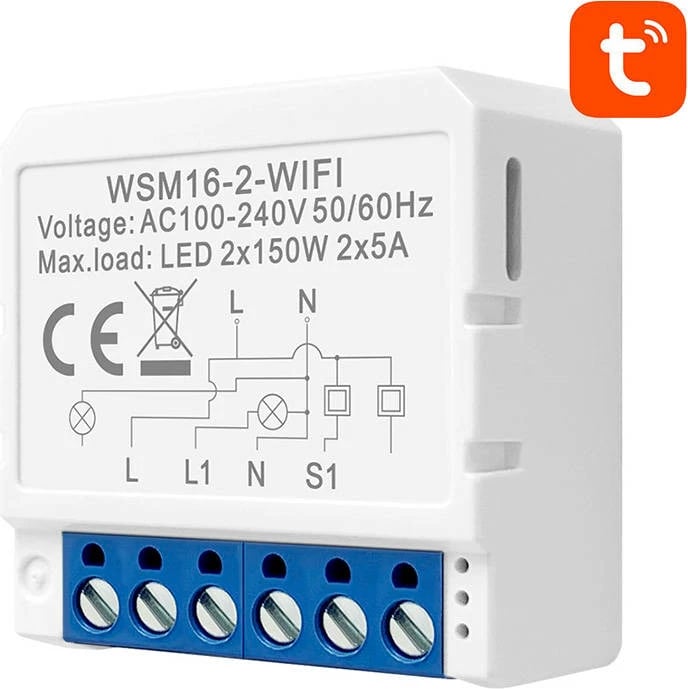 Modul Switch i mençur Wi‑Fi, Avatto, WSM16‑W2, 2‑kanalësh, Tuya/Smart Life, Alexa/Google, 100‑240V, LED 2x150W, IP20, e bardhë