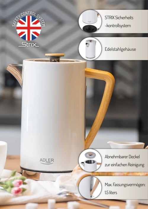Zierëse uji, Adler, AD 1347, 1.7 L, 1850-2200 W, çelik inox, STRIX, e bardhë
