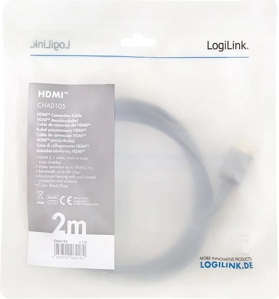 Kabllo HDMI LogiLink CHA0105, 2.1, 2m, E zezë/Gri