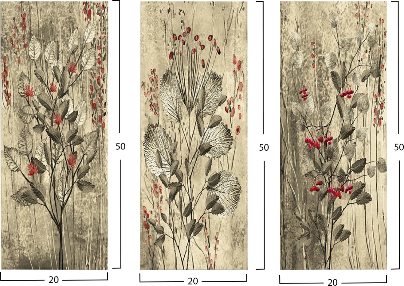 Set 3 pjesësh piktura dekorative, MDF, lule të kuqe dhe manaferra, FH7204.01, 60x50x0.3 cm