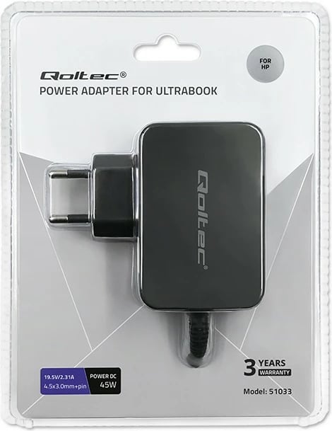 Adapter rryme për ultrabook Qoltec 51033, 45W, 19.5V, 2.31A, 4.5x3.0+pin, i zi
