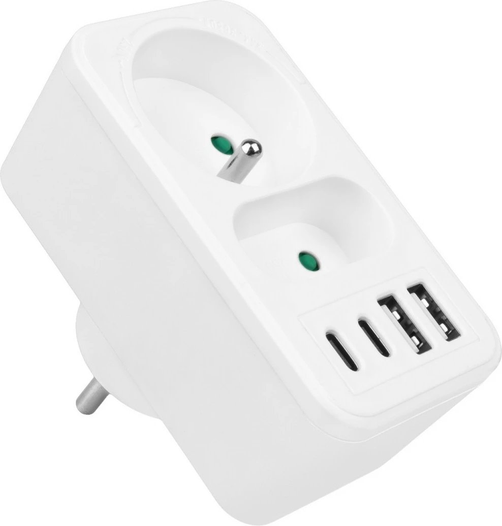 Shpërndarës prizash Maclean MCE249 F/W, 2 dalje AC (Schuko + Euro), 2x USB-A 18W, 2x USB-C PD 20W, i bardhë