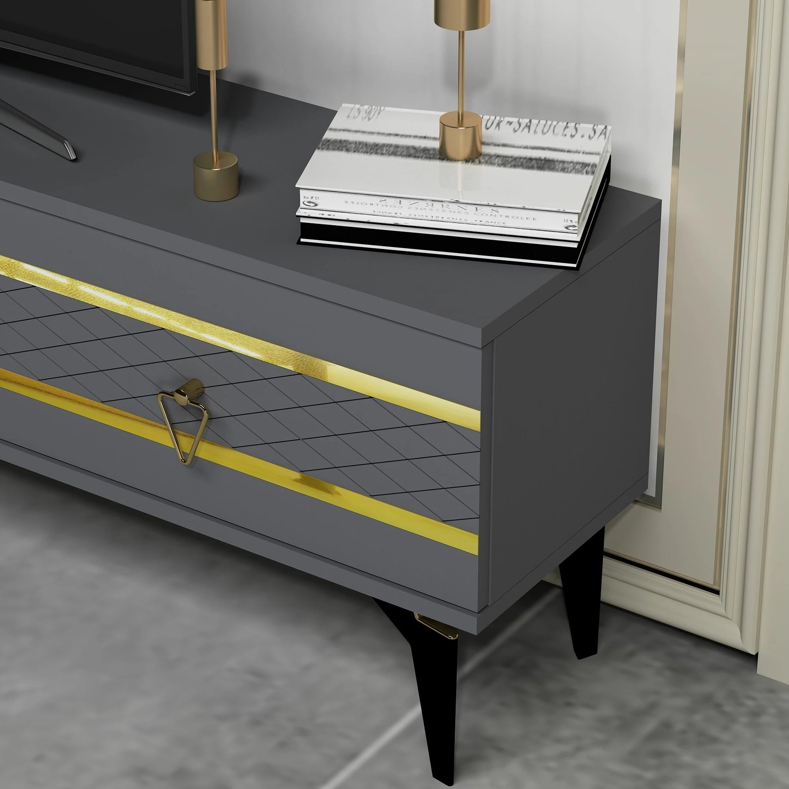 Komodë TV Skye Decor, ngjyrë antracit, ari