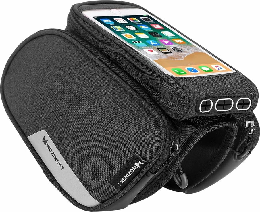 Çantë biçiklete Wozinsky WBB7BK për kornizë, me mbështjellës telefoni deri 6.5", 1.5L, e zezë
