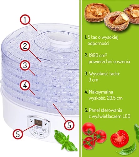 Dehidratues ushqimi, Adler CR 6659, 5 tabaka, 35–70°C, deri 70 orë, 240–550W, LCD