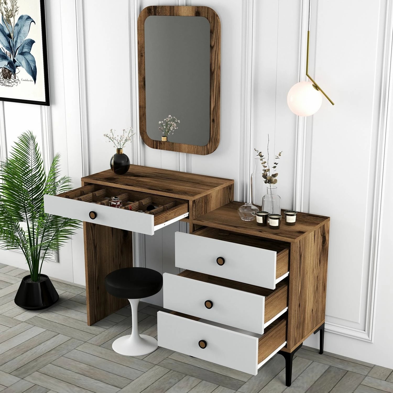 Tavolinë grimi Skye Decor, Lizbon 544, ngjyrë arre dhe e bardhë