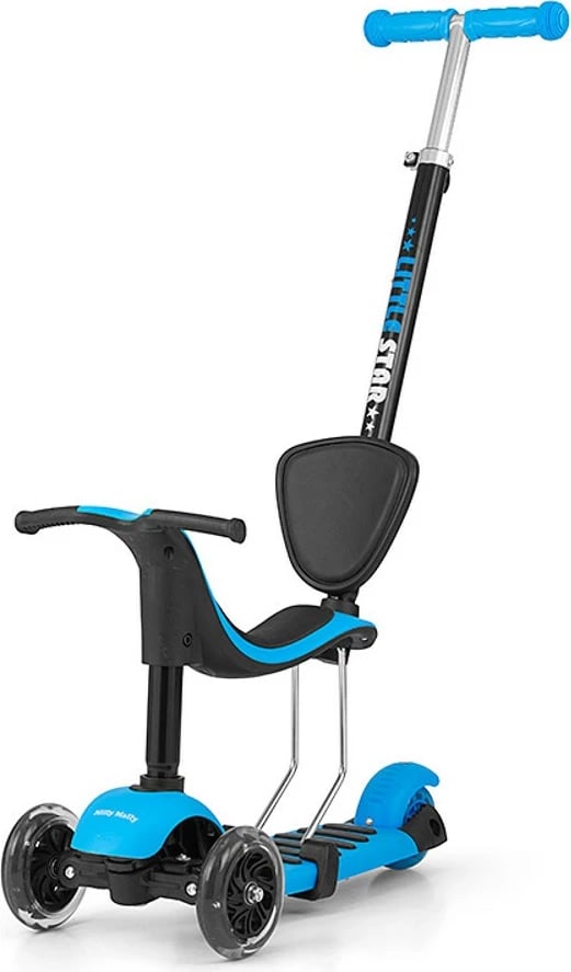Trotinetë fëmijësh 3‑në‑1, MILLY MALLY Little Star, me sedilje dhe dorezë prindi, rregullim lartësie, rrota me drita, deri 50 kg, blu