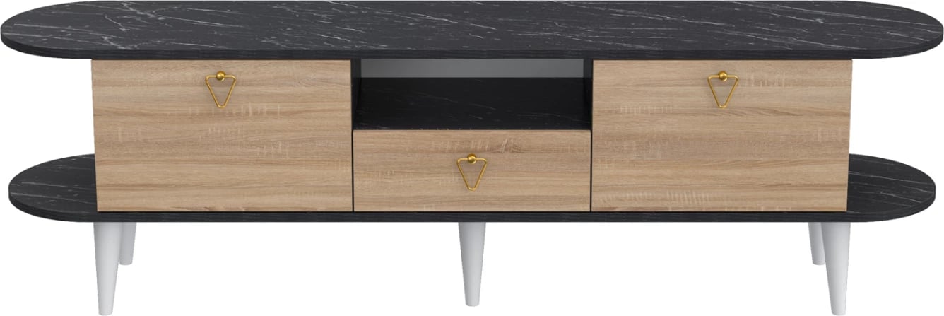 Mobilje TV BEECON FH18185 melaminë, ngjyrë mermeri të zi & këmbë të bardha sonama 180x36x53Hcm