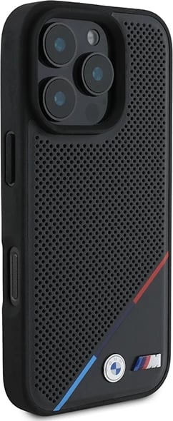 Mbështjellës BMW M Perforated Tricolor Line MagSafe për iPhone 16 Pro, Zi