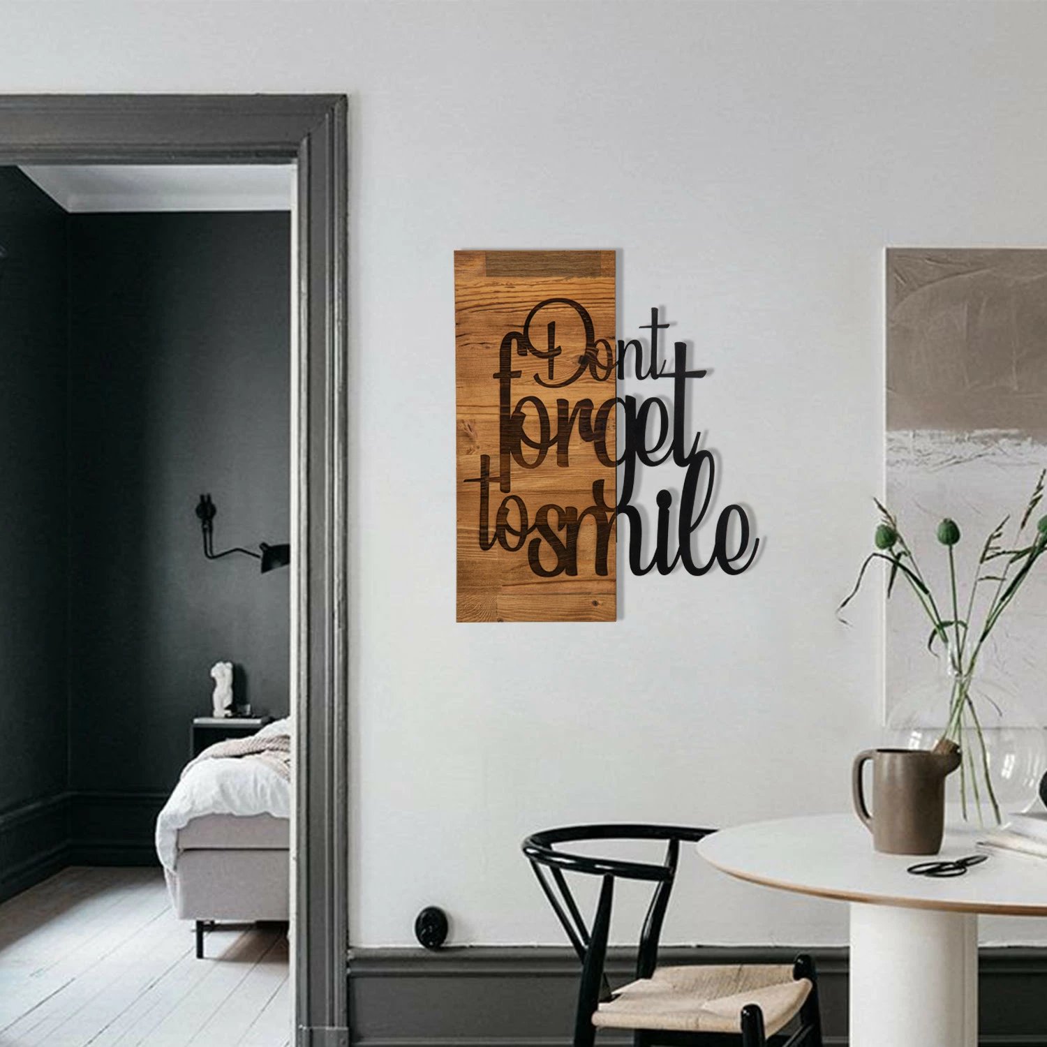 Aksesor dekorativ për mur, dru dhe metal, ngjyrë e zezë dhe arre, Wallity, Dont Forget To Smile, 47x58cm