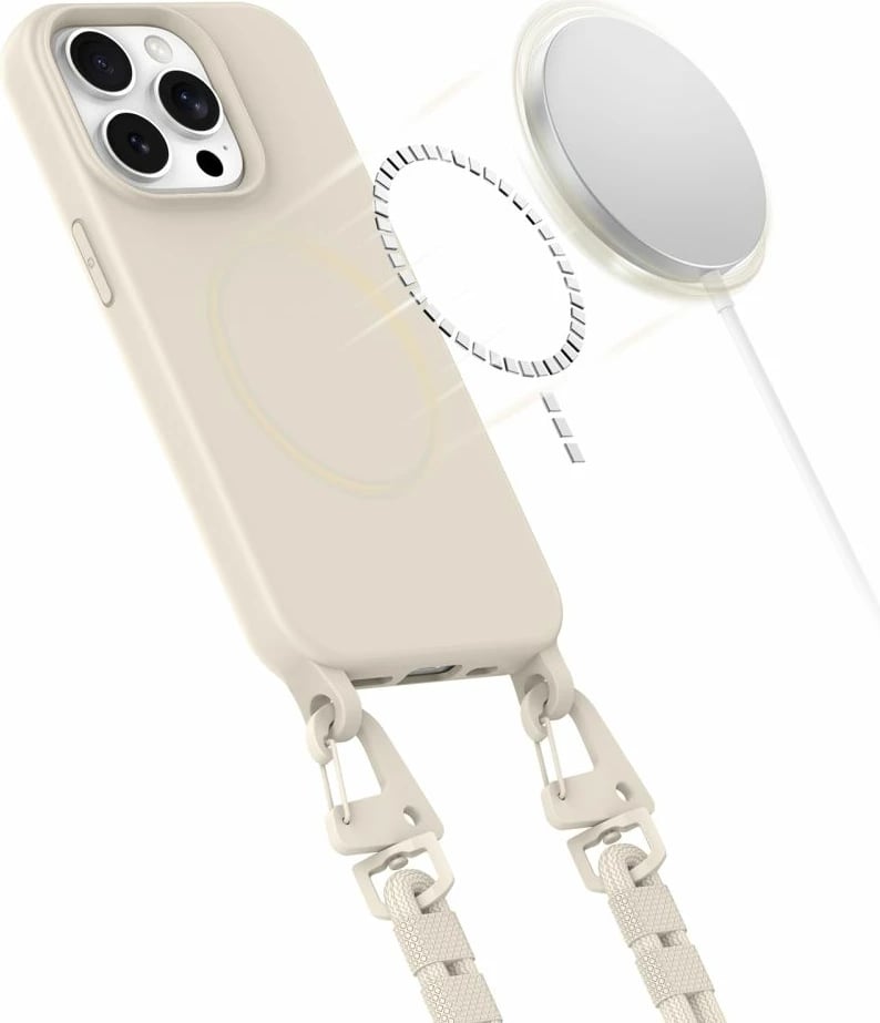 Mbështjellës Tech-Protect MagNecklace për iPhone 15 Plus/iPhone 14 Plus, MagSafe, Bezhe me litar