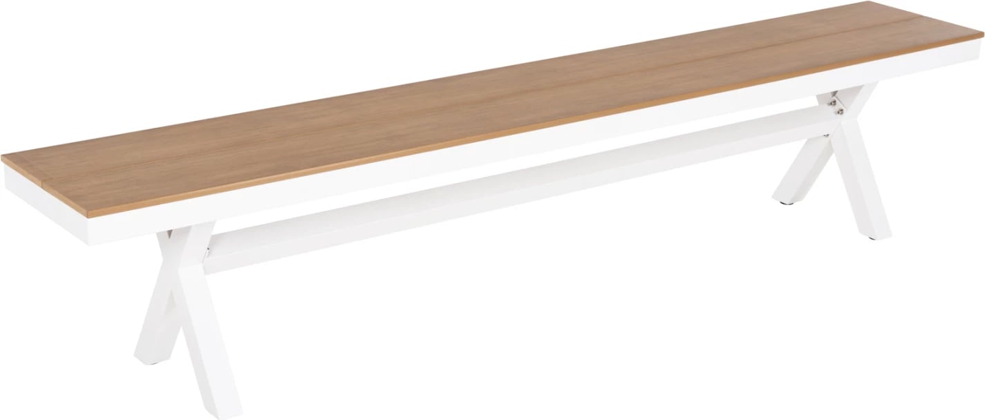 Stol alumini TAWNEE FH6040.02, i bardhë me sipërfaqe polivudi, ngjyrë druri natyral, 220x36x44.5 cm