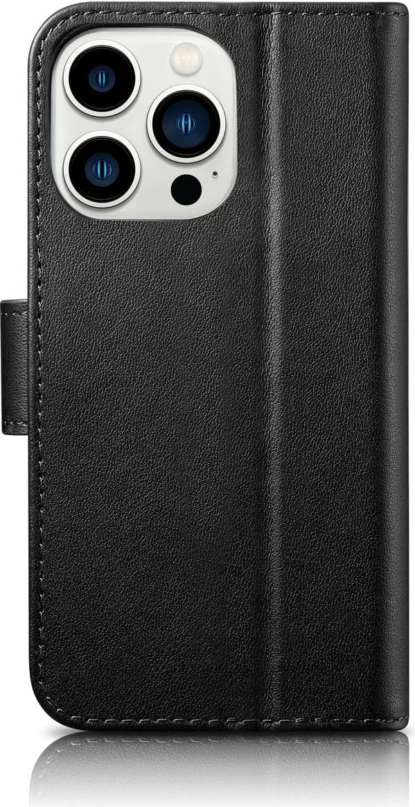 Mbështjellës iCarer Wallet Case 2in1 për iPhone 14 Pro, lëkurë natyrale, Anti-RFID, e zezë