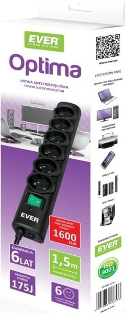 Prizë mbrojtëse EVER Optima T/LZ08-OPT015/0000, 1.5m, 6 dalje, e zezë