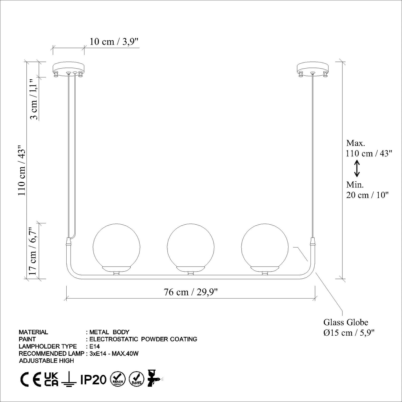 Llambadar Opviq Faruk, trup metalik, i bardhë, 3 kapakë, 76x15x110cm