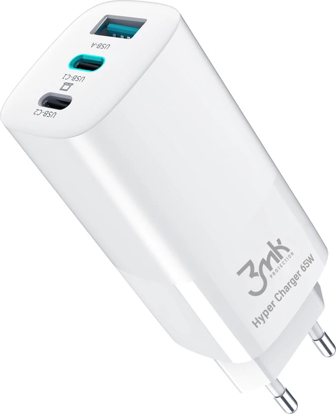 Karikues muri 3mk HyperCharger 65W, 2x USB-C + 1x USB-A, i bardhë