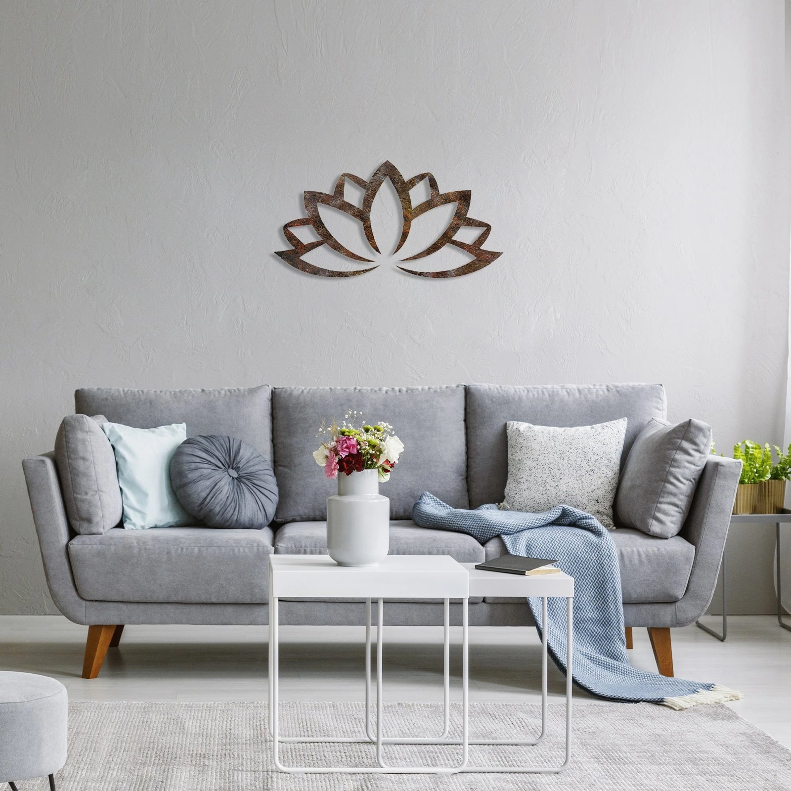 Aksesor dekorativ metalik për mur, lotus i ndryshkur, Wallity