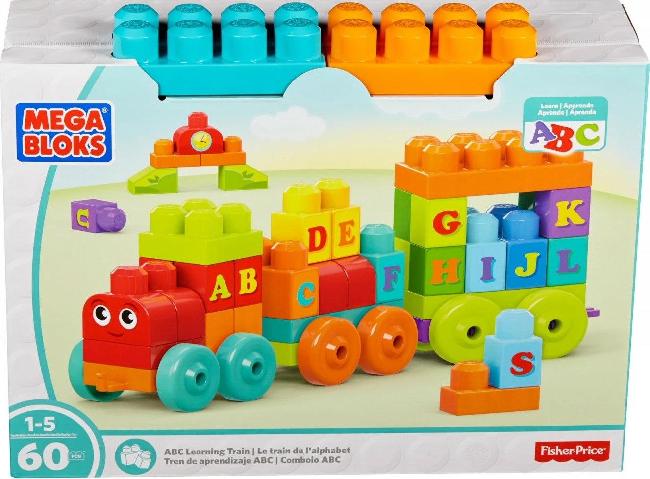 Set lodrash ndërtimi Mega Bloks First Builders DXH35, tren ABC, 60 pjesë, shumëngjyrësh