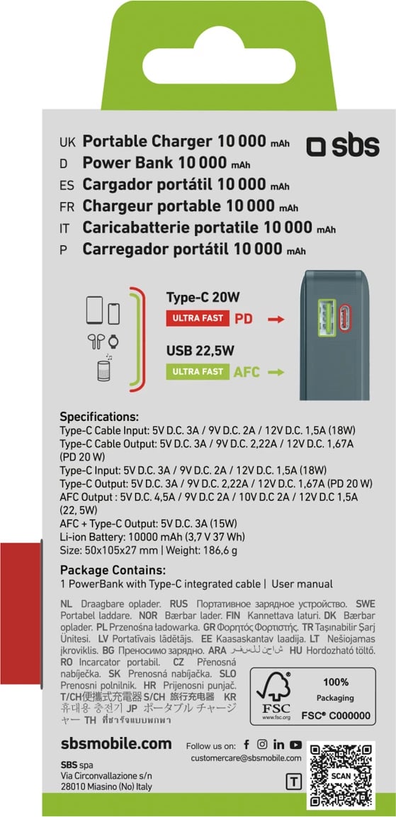 Powerbank SBS 10000 mAh 20W me kabllo USB-C të integruar dhe ekran LCD, Gri