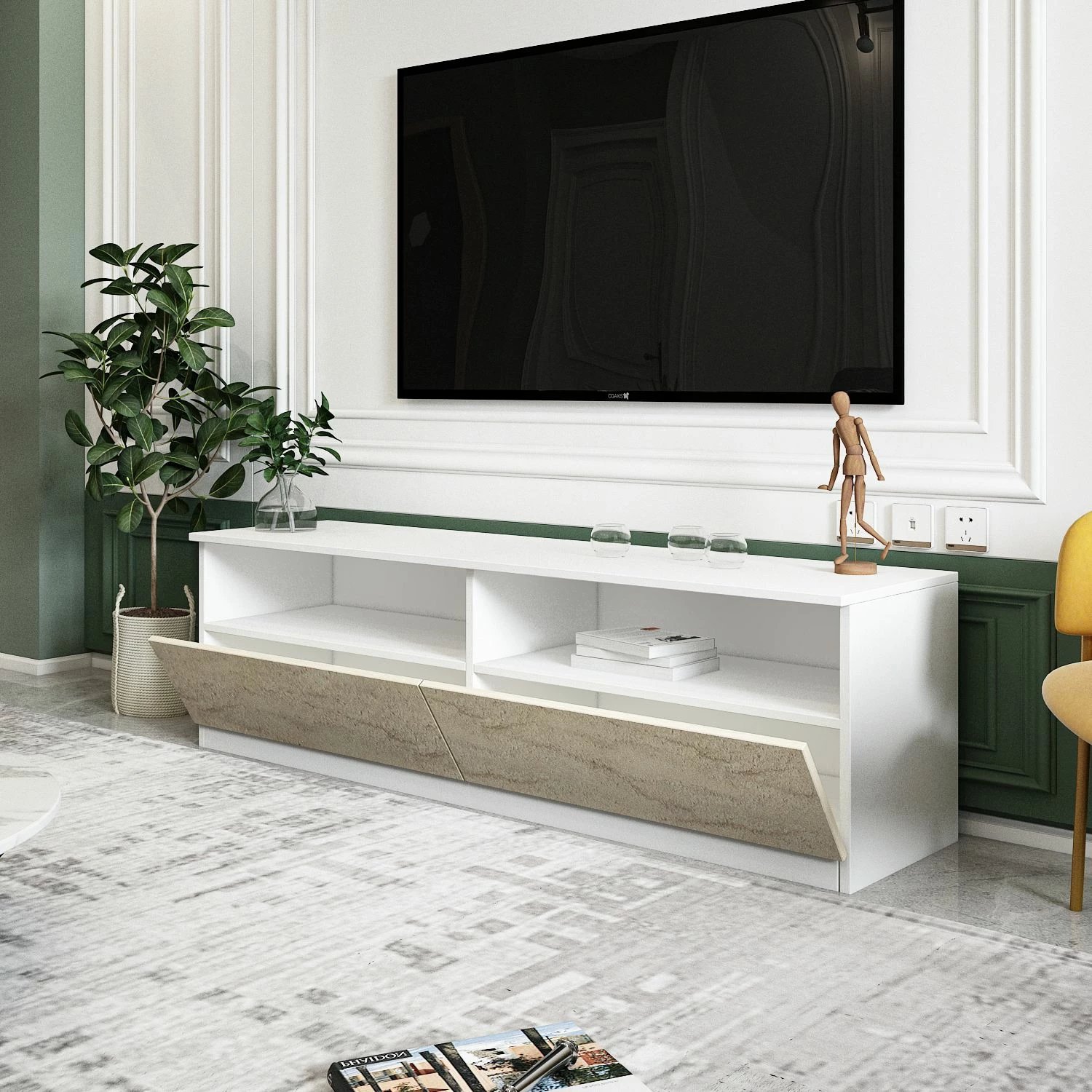 Konsolë TV, ngjyrë e bardhë dhe travertin, Skye Decor