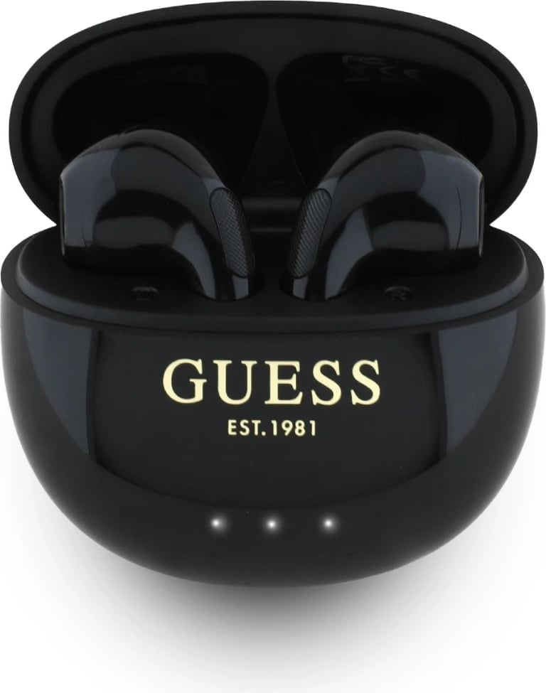 Kufje TWS Guess Glossy Effect, logo klasike, Bluetooth 5.4, IPX4, të zeza