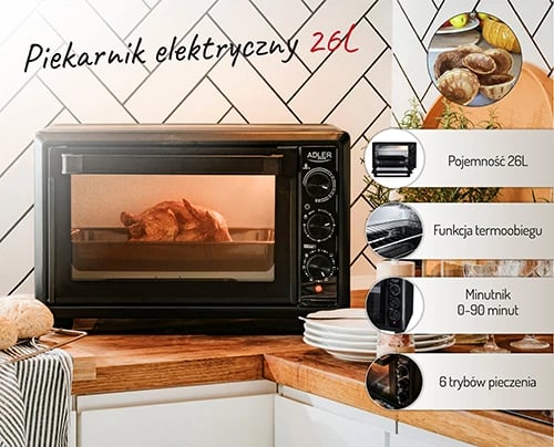 Furrë elektrike tavoline, Adler, AD 6023, 26L, konveksion, 1500W, timer 90 min, derë xhami dyshtreshe, e zezë mat