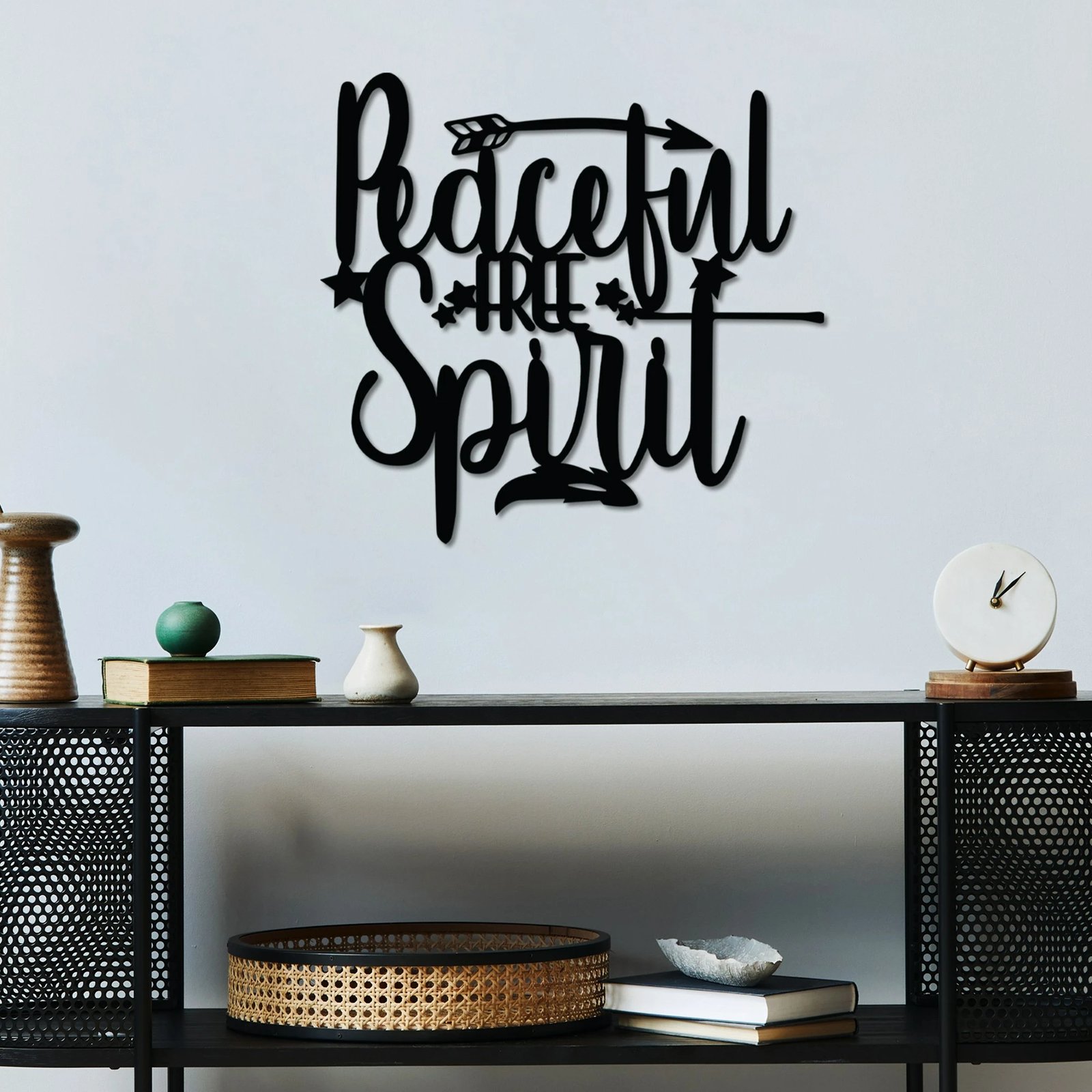 Aksesor dekorativ metalik për mur, Wallity, Peaceful Free Spirit, i zi, 52x48cm