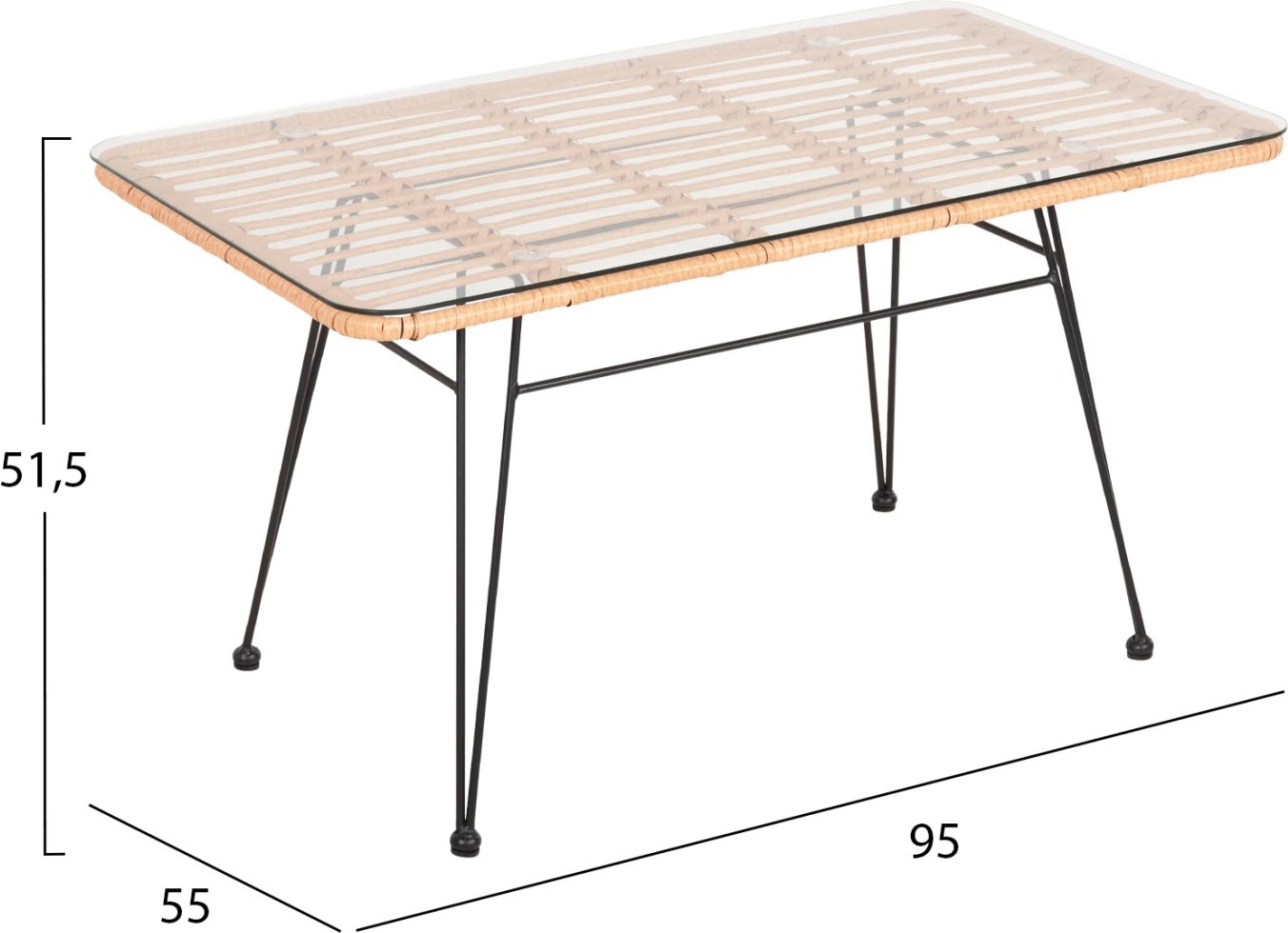 Tavolinë kafeje për jashtë ALLEGRA FH6076 metal i zi - rattan bezhë 95x55x51.5H cm