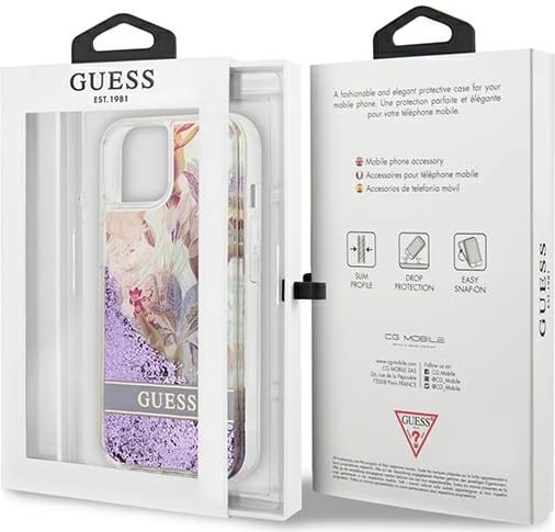 Mbështjellës Guess GUHCP13SLFLSU për iPhone 13 mini 5.4", Flower Liquid Glitter, vjollcë