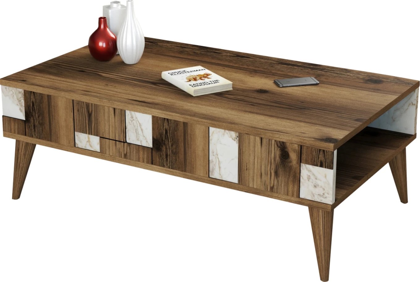 Tavolinë kafeje, melaminë, pamje arre dhe mermeri të bardhë, FH9504.03, 105x60x37.6H cm