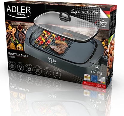 Grill elektrik, Adler, AD 6610, pllakë 38x28 cm, kapak xhami, dy sipërfaqe: e sheshtë dhe me vija, 3000W max